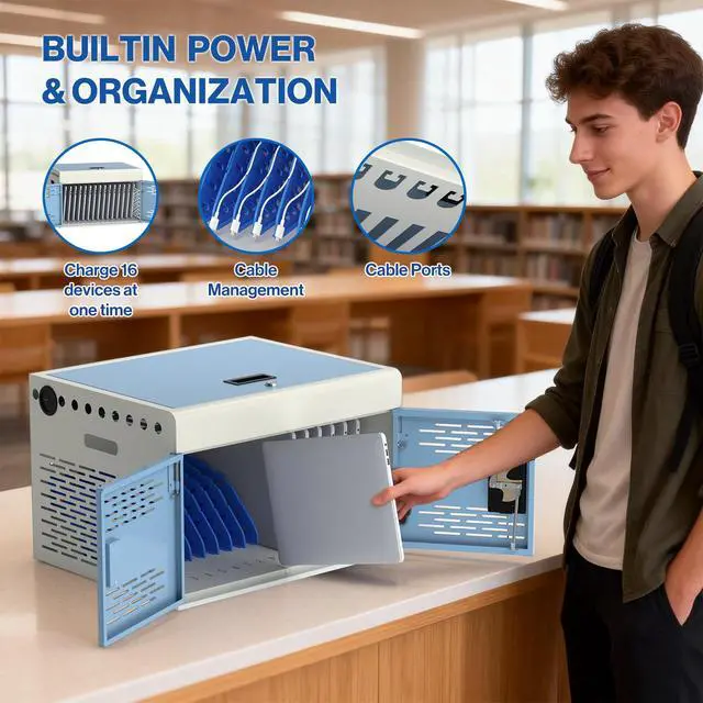 Alt view image 6 of 7 - 16-Unit Charging Cabinet for Laptops & Tablets | Locking Laptop Storage Box with Cable Management, and Ground Protection for Classroom, Library, and Office, Blue