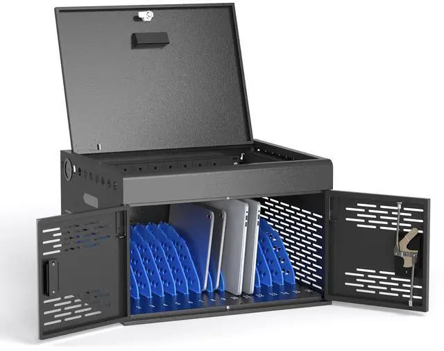 Main image of 16-Unit Charging Cabinet for Laptops & Tablets Up to 15.6" Screens | Laptop Lock Box for iPads with Cable Management - Portable Locking Charging Station for Classroom, Office, Hospital, Blue