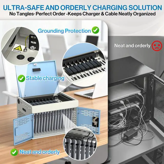 Alt view image 7 of 7 - 16-Unit Charging Cabinet for Laptops & Tablets | Locking Laptop Storage Box with Cable Management, and Ground Protection for Classroom, Library, and Office, Blue