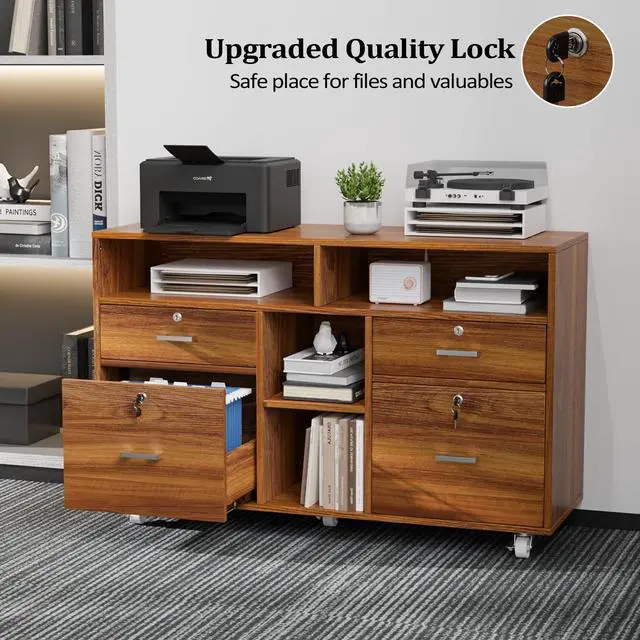 Alt view image 7 of 7 - Wide 4 Drawer Lockable Rolling File Cabinet with Open Shelves - Walnut Wood Lateral File Cabinet Printer Stand for Home Office, Letter Sized
