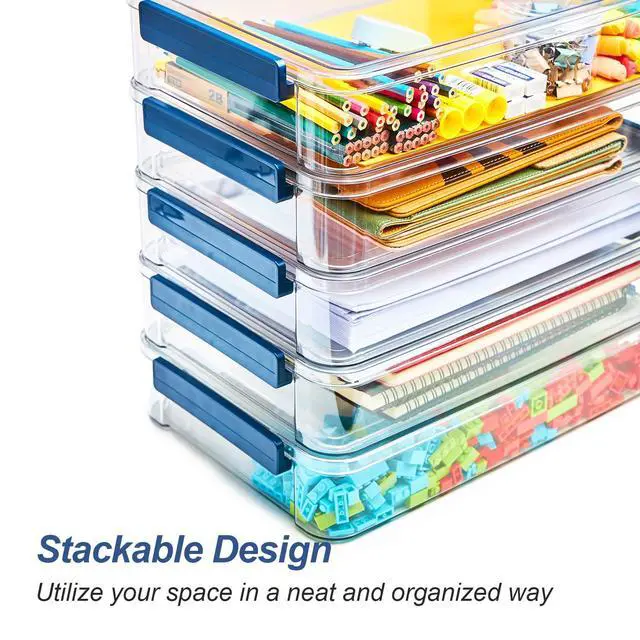Alt view image 6 of 7 - 16-Pack 9x13 Shallow Flat Clear Plastic Storage Boxes | 5.5Qt stackable cases with lids, snap-tight latch container for paper, A4 files, documents, scrapbook, craft, art supplies