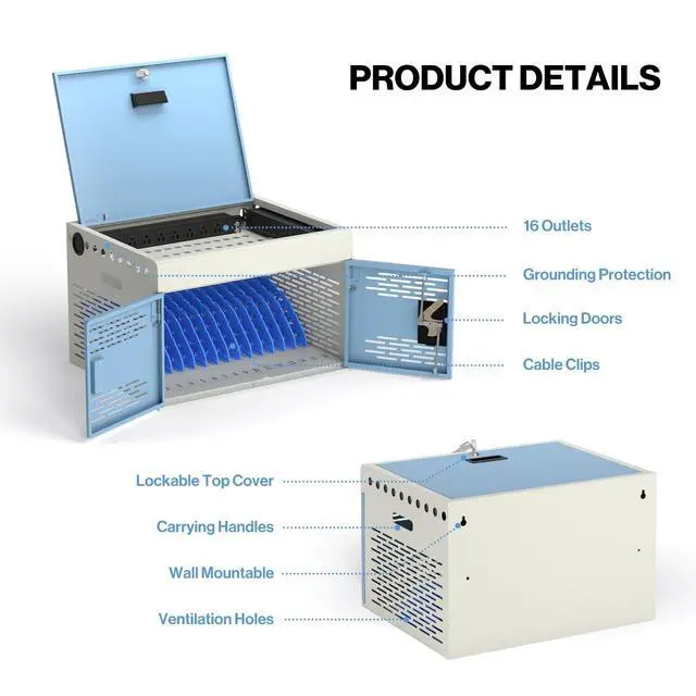 Alt view image 4 of 7 - 16-Unit Charging Cabinet for Laptops & Tablets | Locking Laptop Storage Box with Cable Management, and Ground Protection for Classroom, Library, and Office, Blue