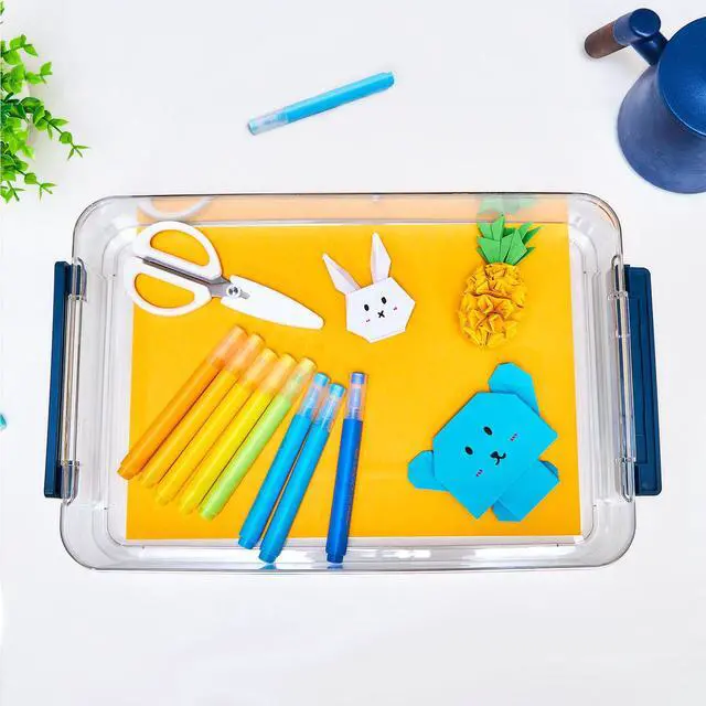 Alt view image 7 of 7 - 16-Pack 9x13 Shallow Flat Clear Plastic Storage Boxes | 5.5Qt stackable cases with lids, snap-tight latch container for paper, A4 files, documents, scrapbook, craft, art supplies