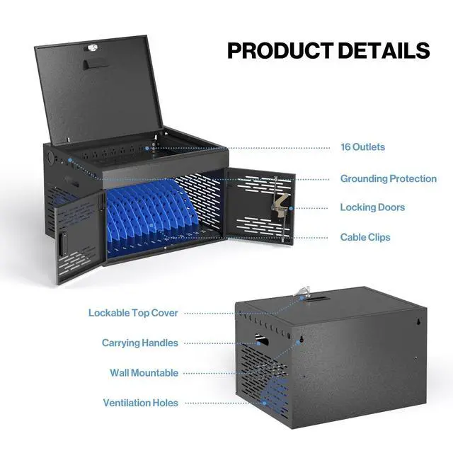 Alt view image 3 of 7 - 16-Unit Charging Cabinet for Laptops & Tablets Up to 15.6" Screens | Laptop Lock Box for iPads with Cable Management - Portable Locking Charging Station for Classroom, Office, Hospital, Blue