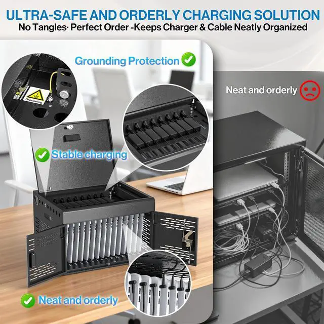 Alt view image 6 of 7 - 16-Unit Charging Cabinet for Laptops & Tablets Up to 15.6" Screens | Laptop Lock Box for iPads with Cable Management - Portable Locking Charging Station for Classroom, Office, Hospital, Blue