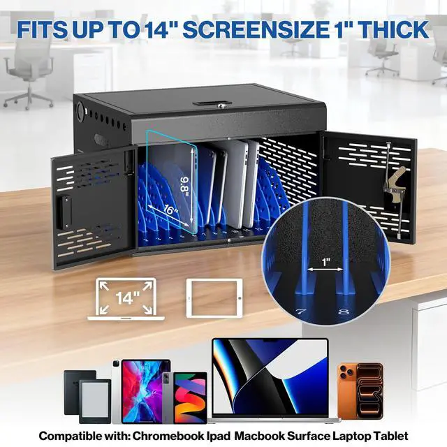 Alt view image 4 of 7 - 16-Unit Charging Cabinet for Laptops & Tablets Up to 15.6" Screens | Laptop Lock Box for iPads with Cable Management - Portable Locking Charging Station for Classroom, Office, Hospital, Blue