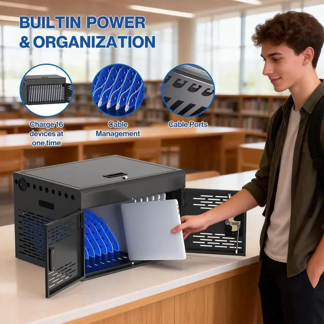Alt view image 5 of 7 - 16-Unit Charging Cabinet for Laptops & Tablets Up to 15.6" Screens | Laptop Lock Box for iPads with Cable Management - Portable Locking Charging Station for Classroom, Office, Hospital, Blue