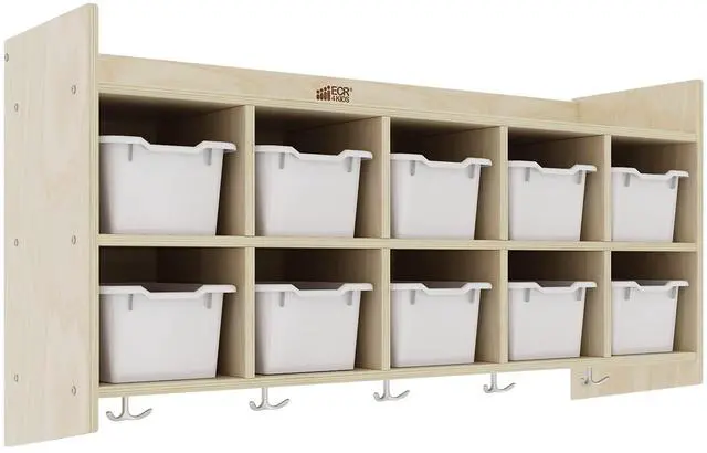 Main image of 10-Section Hanging Coat Locker with Shelf and 10 Scoop Front Bins, Cubby Storage, Light Grey