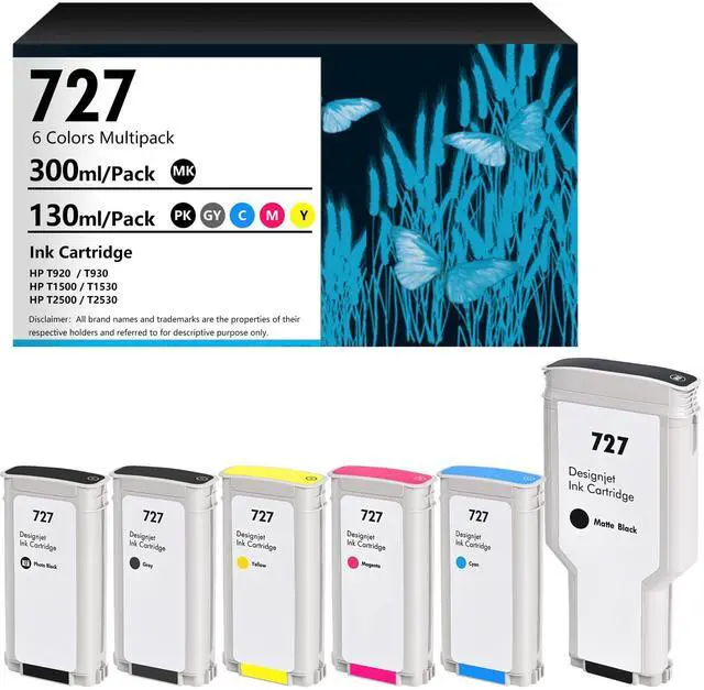 Main image of 727 Ink Cartridges Compatible HP 727 C1Q12A B3P23A B3P24A B3P19A B3P20A B3P21A Replacment for HP DesignJet T930 T920 T1500 T2500 T1530 T2530 (6 Pack, 300-ml MB, 130-ml PB/G/C/M/)