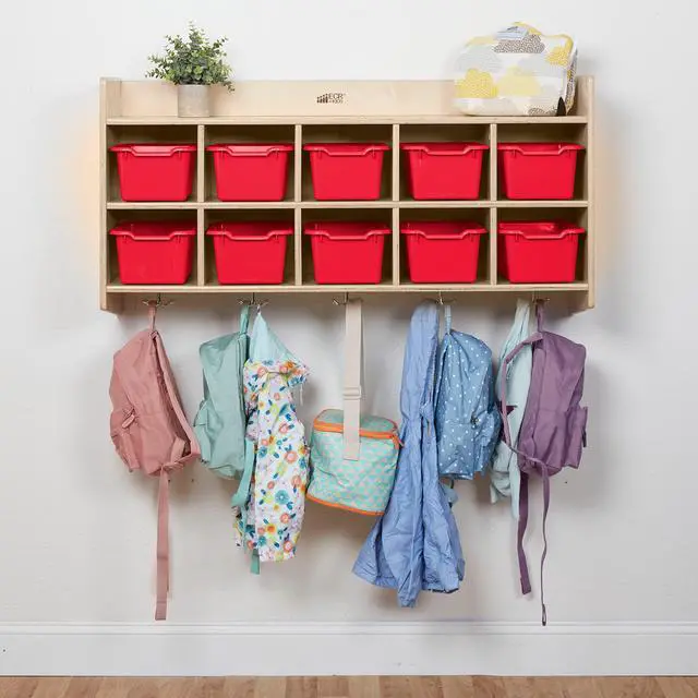Alt view image 6 of 7 - 10-Section Hanging Coat Locker with Shelf and 10 Scoop Front Bins, Cubby Storage, Red