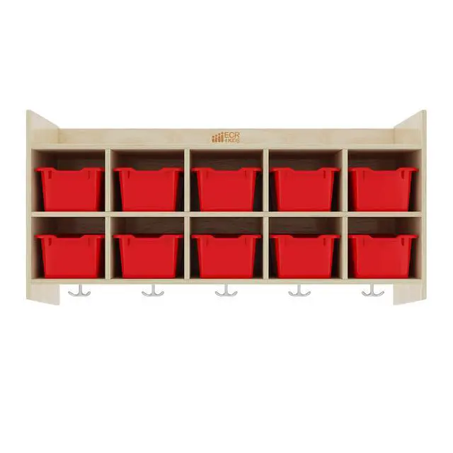 Alt view image 7 of 7 - 10-Section Hanging Coat Locker with Shelf and 10 Scoop Front Bins, Cubby Storage, Red