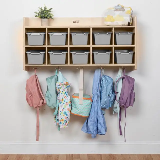 Alt view image 6 of 7 - 10-Section Hanging Coat Locker with Shelf and 10 Scoop Front Bins, Cubby Storage, Light Grey
