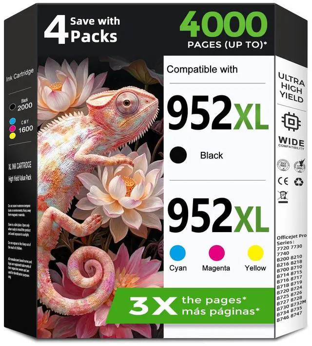 Main image of 952XL Ink Cartridge Compatible for HP Ink 952 XL HP952XL Cartridges Combo Pack (4-Pack) Work with Officejet Pro 8710 7740 8720 8702 8210 7720 8715 8730 8740 8216 8716 8725 8700 8200 7730 8735 Printers