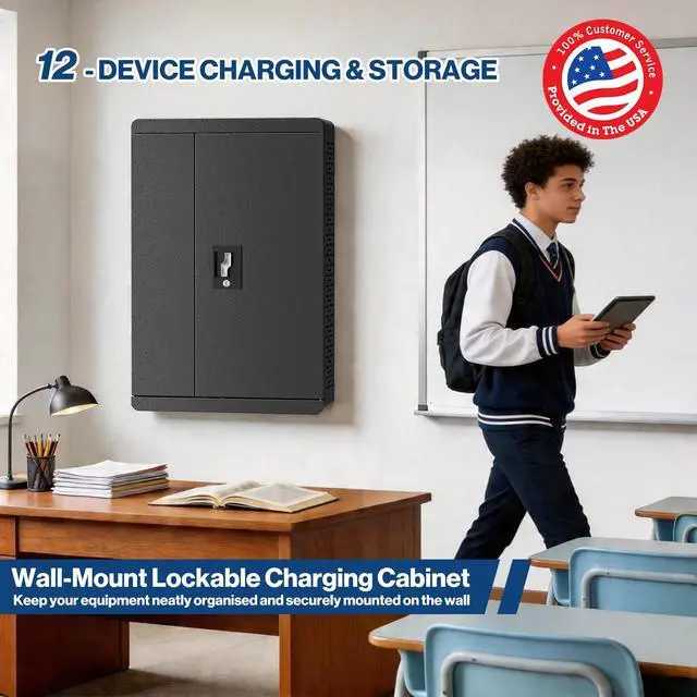 Alt view image 3 of 7 - 12 Devices Wall Mount Locking Charging Cabinet | for iPads Up to 11-inch Screen, iPad Charging Station for Classroom Office Hospital, Locking Security Cabinet Charges