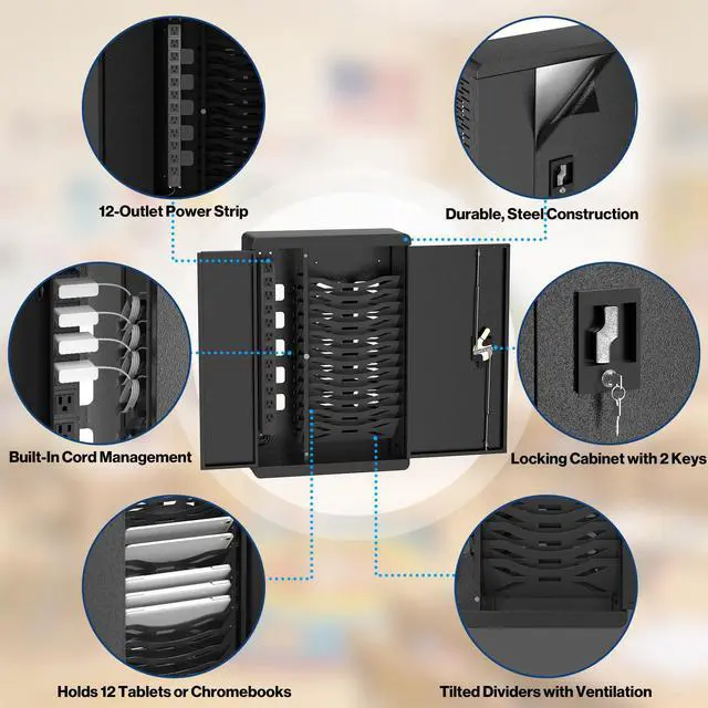 Alt view image 6 of 7 - 12 Devices Wall Mount Locking Charging Cabinet | for iPads Up to 11-inch Screen, iPad Charging Station for Classroom Office Hospital, Locking Security Cabinet Charges