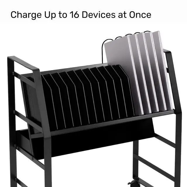 Alt view image 2 of 7 - Line Leader 16-Device Mobile Charging Station | Steel Rolling Cart for Laptops, Tablets, & Chromebooks | Open Design with Dividers & UL-Certified Surge Protection | Portable Charging Stand (Black)