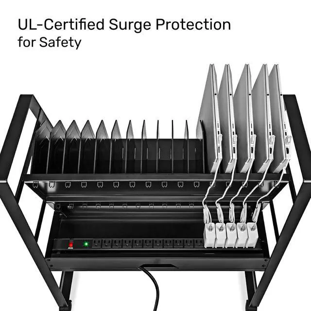 Alt view image 6 of 7 - Line Leader 16-Device Mobile Charging Station | Steel Rolling Cart for Laptops, Tablets, & Chromebooks | Open Design with Dividers & UL-Certified Surge Protection | Portable Charging Stand (Black)