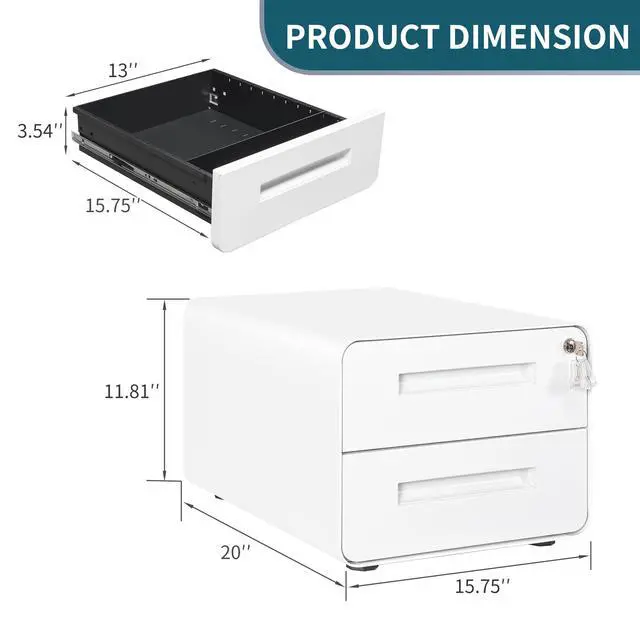Alt view image 4 of 7 - Under Desk Printer Stand with Storage 2-Drawer Printer Table for Home & Office, Mobile Printer Cart with 2 Sets of Casters and Lockable Drawers, 4 Keys, White