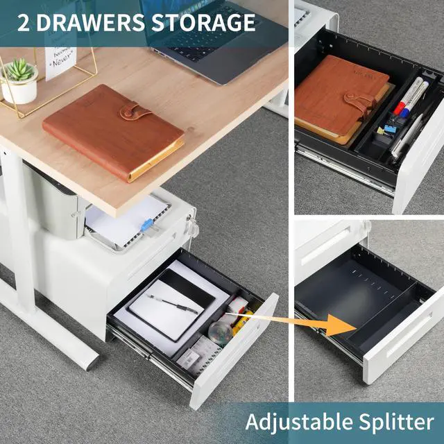 Alt view image 5 of 7 - Under Desk Printer Stand with Storage 2-Drawer Printer Table for Home & Office, Mobile Printer Cart with 2 Sets of Casters and Lockable Drawers, 4 Keys, White