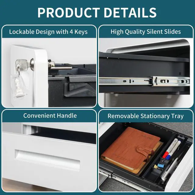 Alt view image 3 of 7 - Under Desk Printer Stand with Storage 2-Drawer Printer Table for Home & Office, Mobile Printer Cart with 2 Sets of Casters and Lockable Drawers, 4 Keys, White