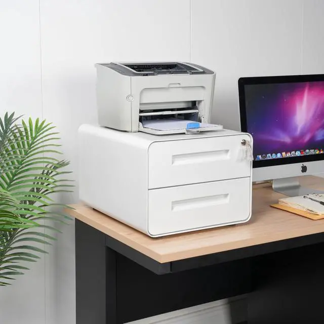 Alt view image 2 of 7 - Under Desk Printer Stand with Storage 2-Drawer Printer Table for Home & Office, Mobile Printer Cart with 2 Sets of Casters and Lockable Drawers, 4 Keys, White