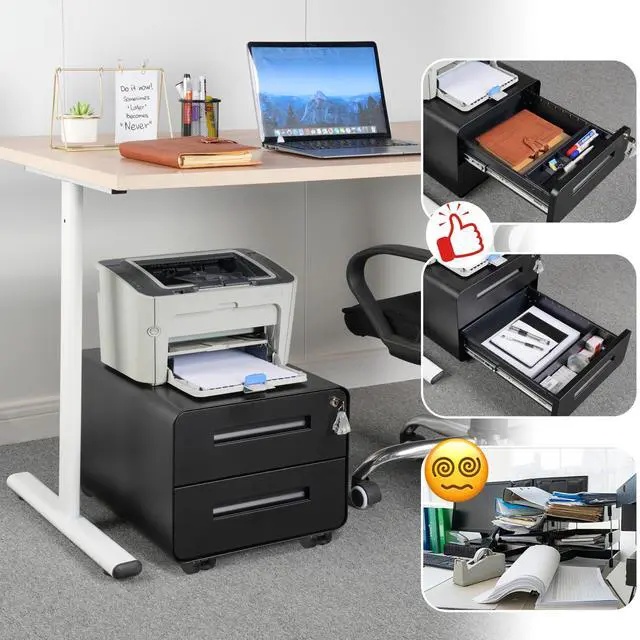 Alt view image 2 of 7 - Under Desk Printer Stand with Storage 2-Drawer Printer Table for Home & Office, Mobile Printer Cart with 2 Sets of Casters and Lockable Drawers, 4 Keys, Black