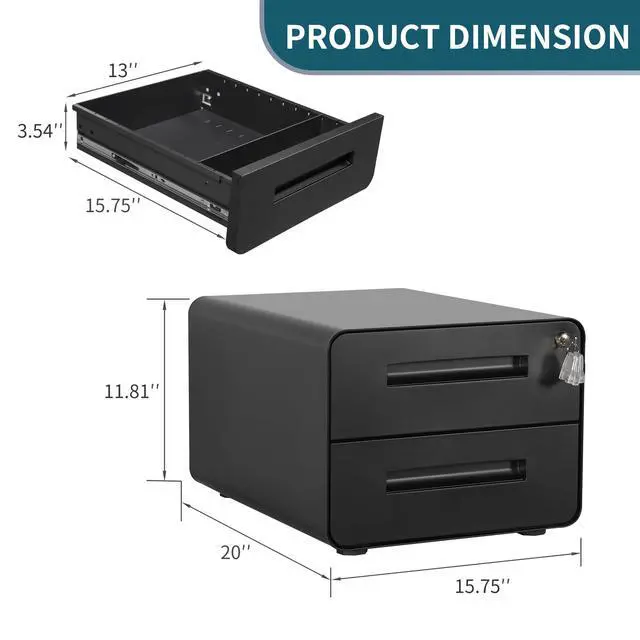 Alt view image 4 of 7 - Under Desk Printer Stand with Storage 2-Drawer Printer Table for Home & Office, Mobile Printer Cart with 2 Sets of Casters and Lockable Drawers, 4 Keys, Black