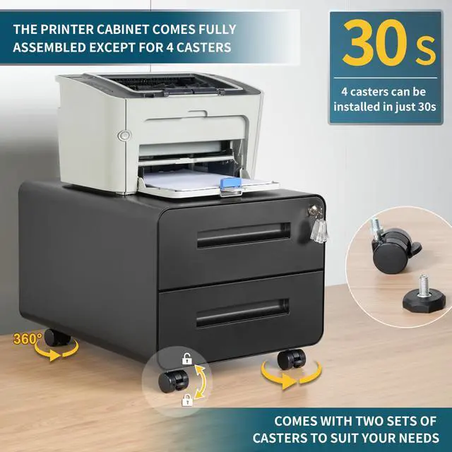 Alt view image 6 of 7 - Under Desk Printer Stand with Storage 2-Drawer Printer Table for Home & Office, Mobile Printer Cart with 2 Sets of Casters and Lockable Drawers, 4 Keys, Black