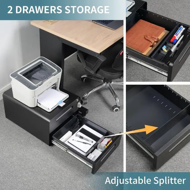 Alt view image 5 of 7 - Under Desk Printer Stand with Storage 2-Drawer Printer Table for Home & Office, Mobile Printer Cart with 2 Sets of Casters and Lockable Drawers, 4 Keys, Black