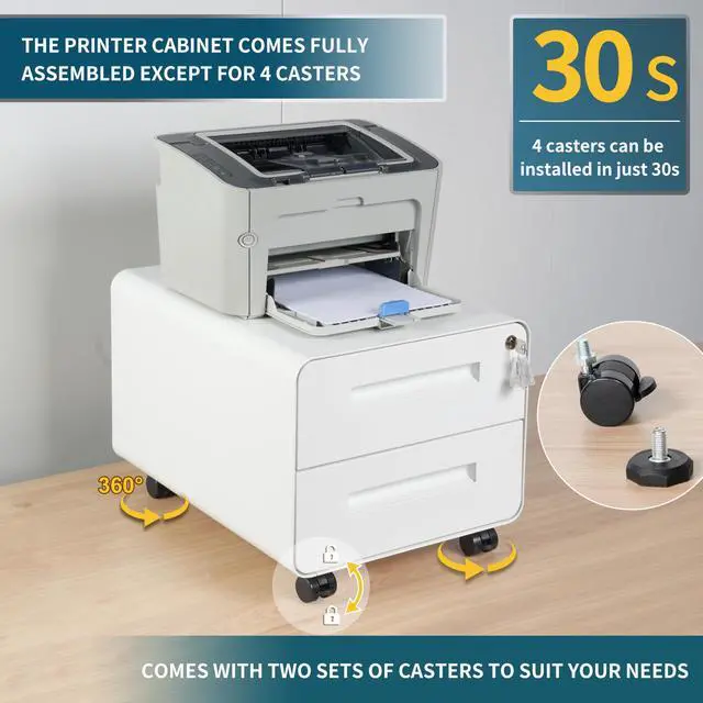 Alt view image 6 of 7 - Under Desk Printer Stand with Storage 2-Drawer Printer Table for Home & Office, Mobile Printer Cart with 2 Sets of Casters and Lockable Drawers, 4 Keys, White