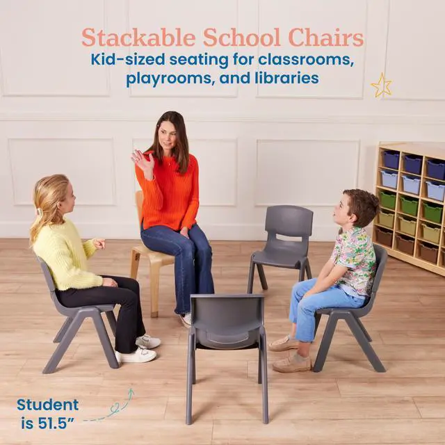 Alt view image 4 of 7 - Plastic School Stackable Chair, 14in, Classroom Furniture, Grey, 4-Pack