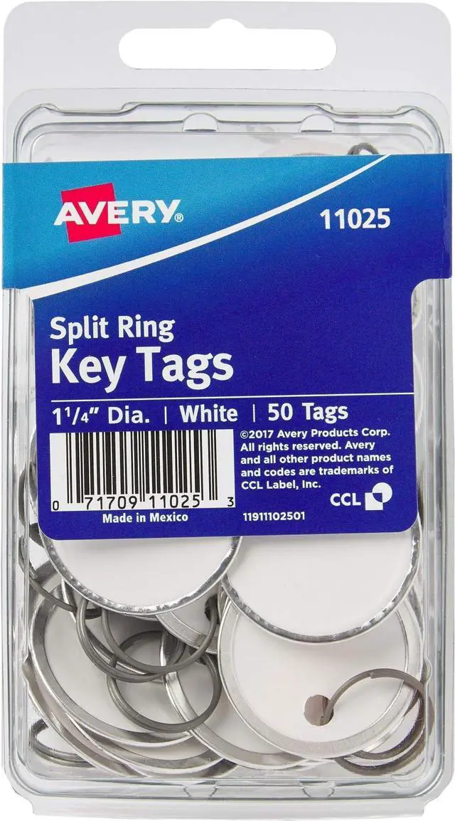 Main image of Metal Rim Key Tags, 1.25" Diameter Tag, Metal Split Ring, White, 50 Tags (11025) (Pack of 12)