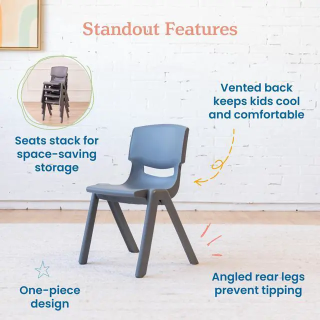 Alt view image 5 of 7 - Plastic School Stackable Chair, 14in, Classroom Furniture, Grey, 4-Pack