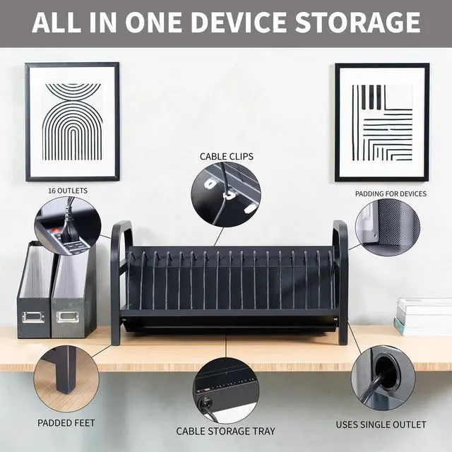 Alt view image 2 of 7 - 16-Bay Laptop and Tablet Open Charging Station, Devices up to 14 inches, Black, Stand-LAPC3