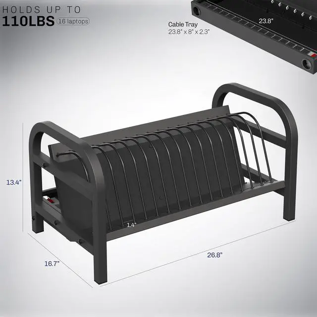 Alt view image 3 of 7 - 16-Bay Laptop and Tablet Open Charging Station, Devices up to 14 inches, Black, Stand-LAPC3