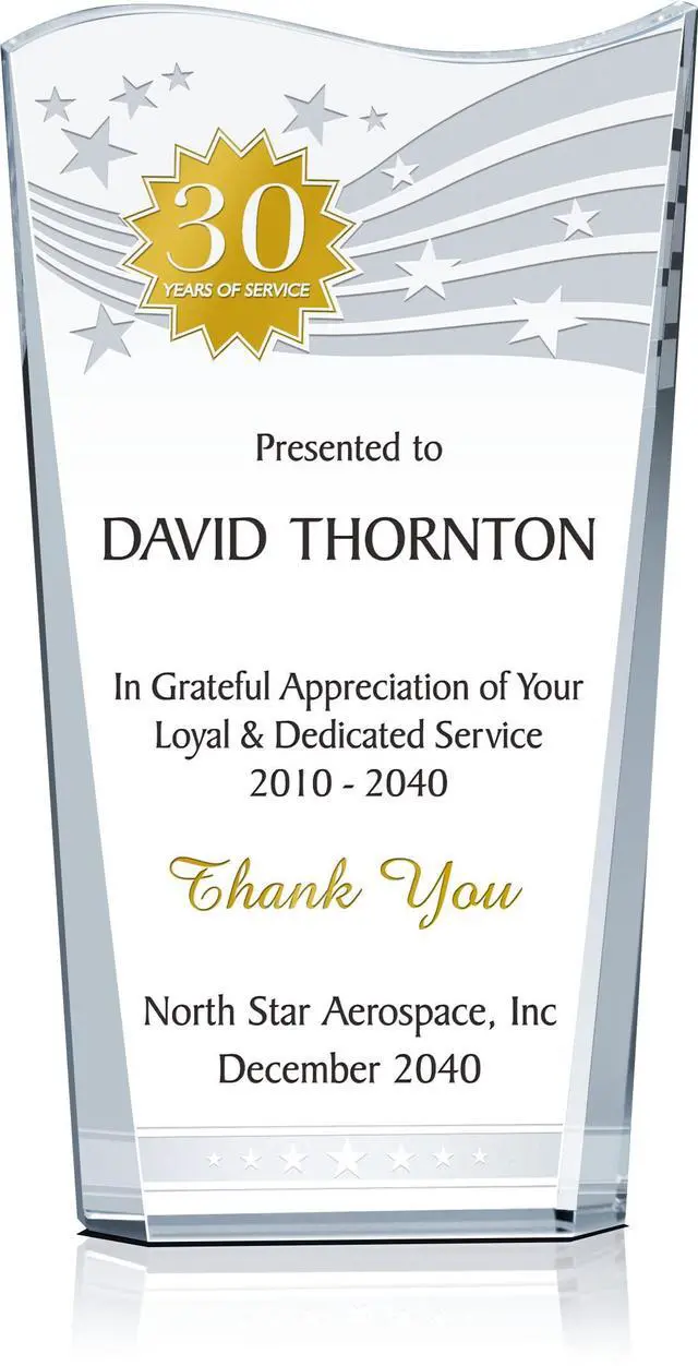 Main image of Personalized Crystal Wave Long Service Recognition Award Plaque Custom Engraved Employee Anniversary Trophy for 5, 10, 15, 20, 30 Years of Service Optical Crystal Award (L - 8")