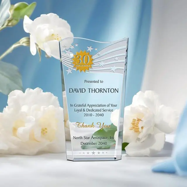 Alt view image 2 of 7 - Personalized Crystal Wave Long Service Recognition Award Plaque Custom Engraved Employee Anniversary Trophy for 5, 10, 15, 20, 30 Years of Service Optical Crystal Award (L - 8")