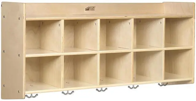Main image of 10-Section Wall-Mounted Hanging Coat Locker with Shelf, Classroom Furniture, Natural