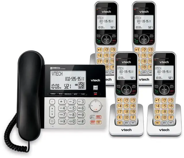 Main image of VG208-4 DECT 6.0 4-Handset Corded/Cordless Phone System | Answering Machine, Call Blocking, Caller ID, Large Backlit Display, Silver/Black