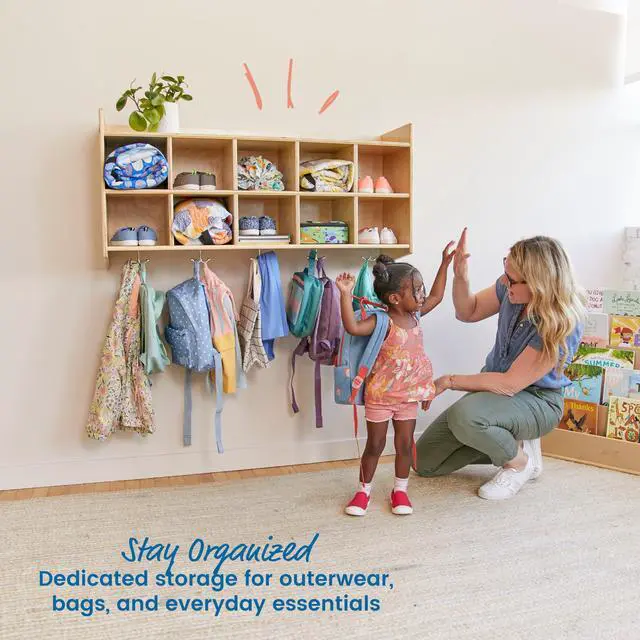 Alt view image 3 of 7 - 10-Section Wall-Mounted Hanging Coat Locker with Shelf, Classroom Furniture, Natural