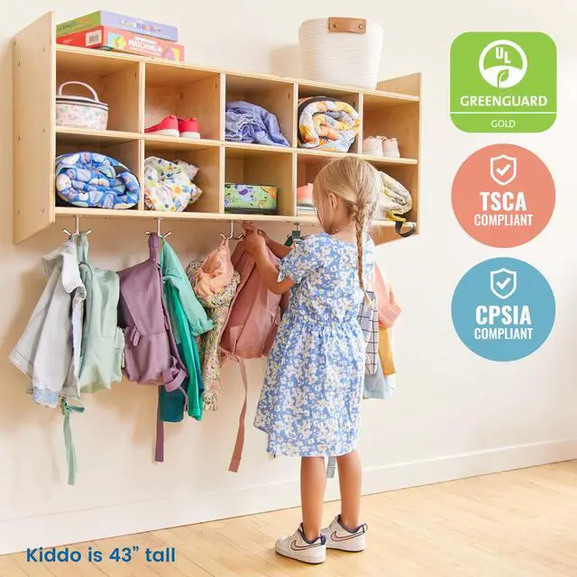 Alt view image 6 of 7 - 10-Section Wall-Mounted Hanging Coat Locker with Shelf, Classroom Furniture, Natural