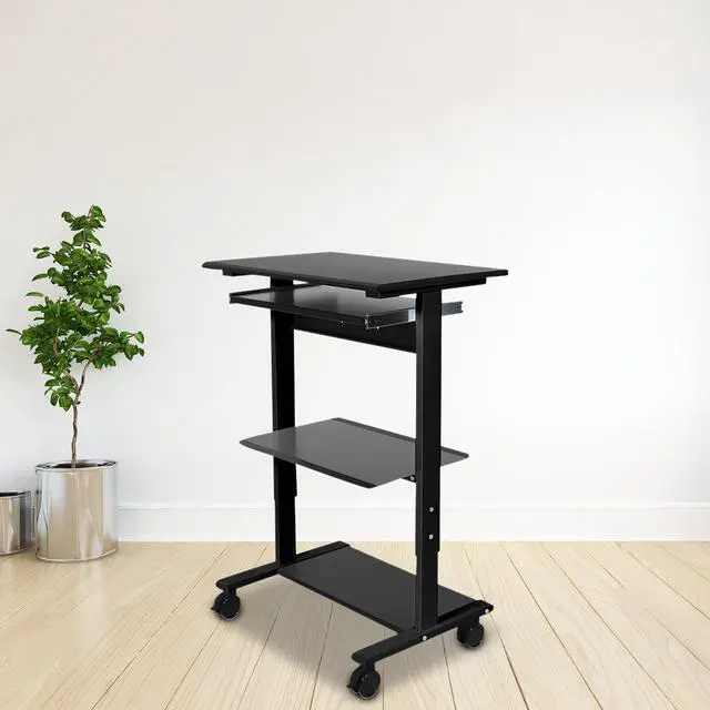Alt view image 2 of 6 - Stand Up Desk Store Mobile Rolling Adjustable Height Standing Workstation with Printer Shelf and Slideout Keyboard Tray (Black Frame/Black Top, 30" Wide)