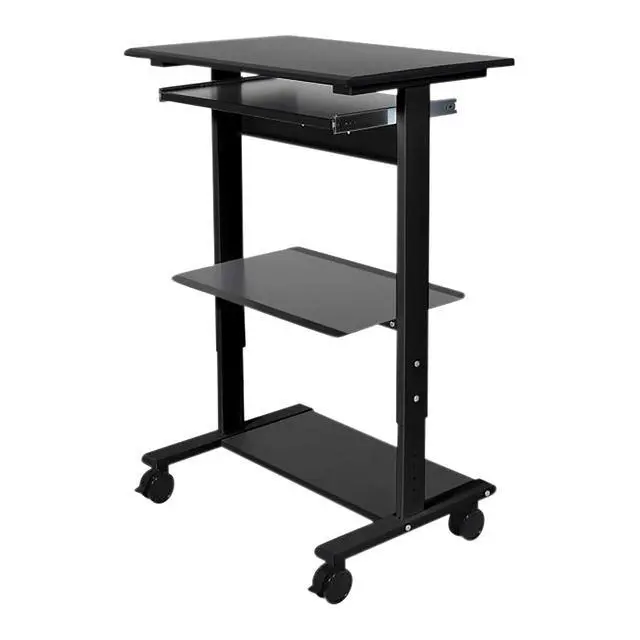 Alt view image 4 of 6 - Stand Up Desk Store Mobile Rolling Adjustable Height Standing Workstation with Printer Shelf and Slideout Keyboard Tray (Black Frame/Black Top, 30" Wide)