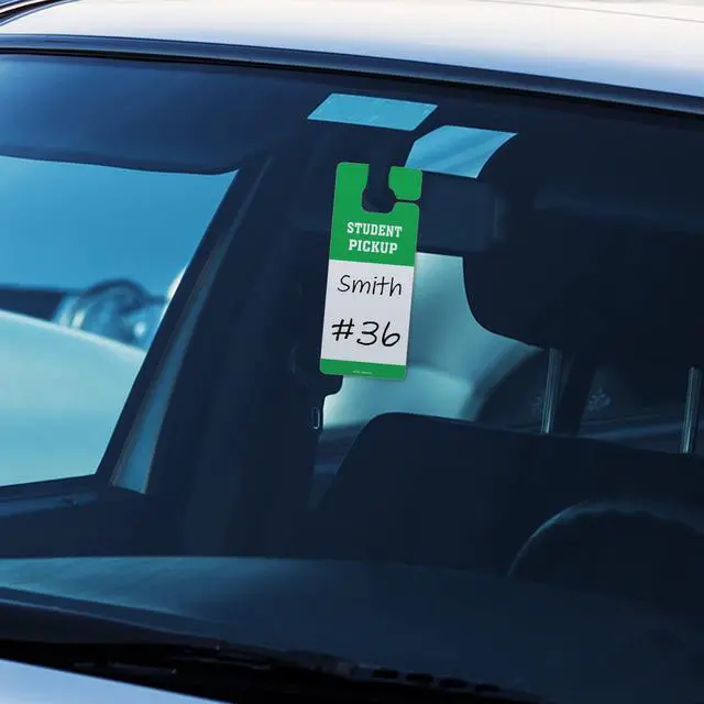 Alt view image 3 of 4 - 3.25W x 8H Student Pickup Safe Dismissal Thick Rearview Mirror Hang Tags (Pack of 50) Vehicle Hang Tags Car Hang Tags for Schools, Daycares, After School Programs and More (Green)