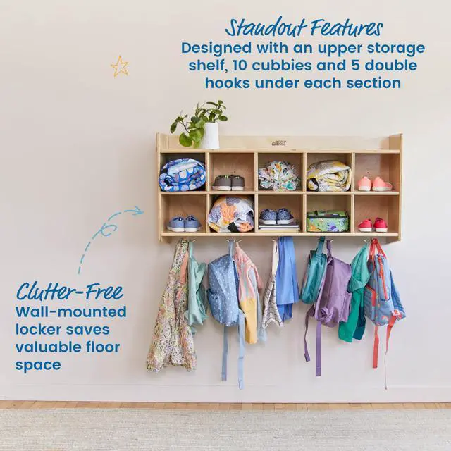 Alt view image 4 of 7 - 10-Section Wall-Mounted Hanging Coat Locker with Shelf, Classroom Furniture, Natural