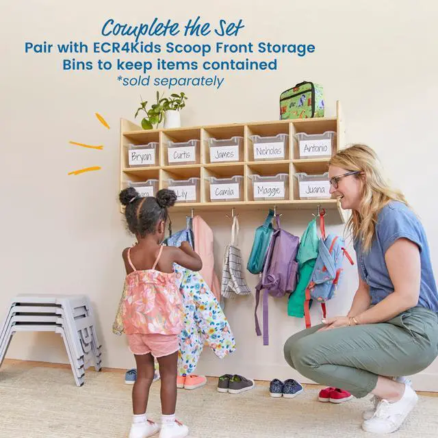 Alt view image 5 of 7 - 10-Section Wall-Mounted Hanging Coat Locker with Shelf, Classroom Furniture, Natural