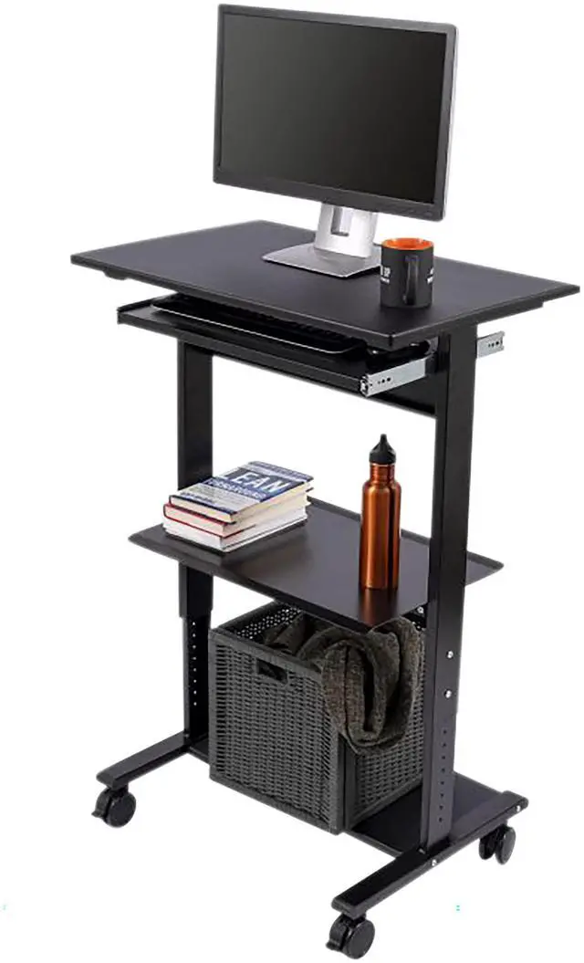 Main image of Stand Up Desk Store Mobile Rolling Adjustable Height Standing Workstation with Printer Shelf and Slideout Keyboard Tray (Black Frame/Black Top, 30" Wide)