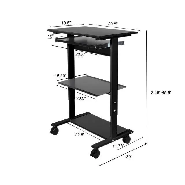 Alt view image 3 of 6 - Stand Up Desk Store Mobile Rolling Adjustable Height Standing Workstation with Printer Shelf and Slideout Keyboard Tray (Black Frame/Black Top, 30" Wide)