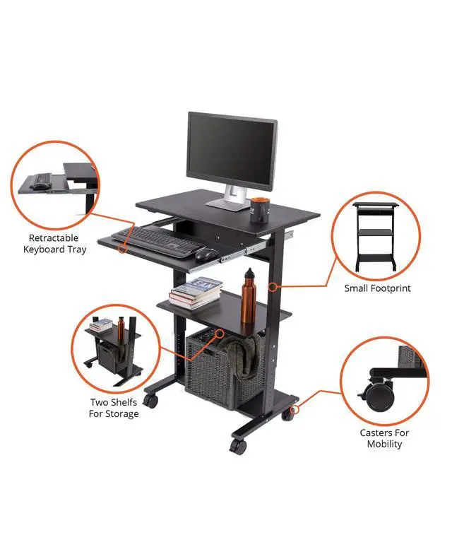 Alt view image 6 of 6 - Stand Up Desk Store Mobile Rolling Adjustable Height Standing Workstation with Printer Shelf and Slideout Keyboard Tray (Black Frame/Black Top, 30" Wide)