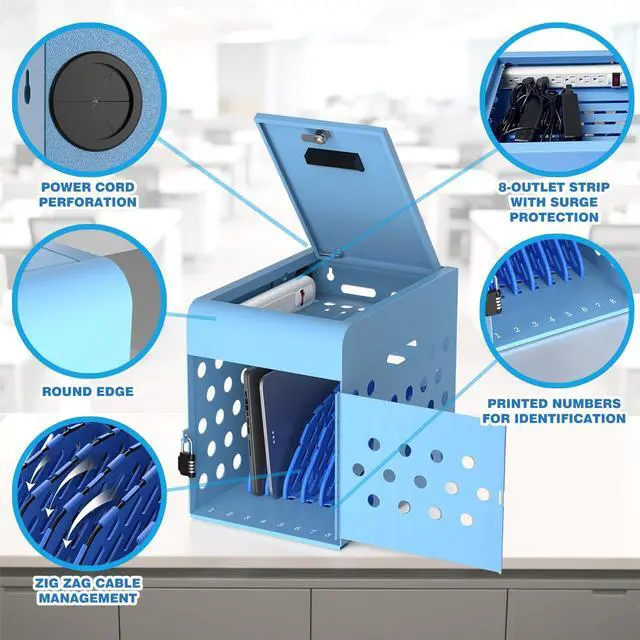 Alt view image 5 of 7 - 8-Unit Charging Cabinet for Chromebooks & Tablets Up to 14" Screens | Laptop Lock Box for iPads with Cable Management - Portable Locking Charging Station for Classroom, Office, Hospital, Blue